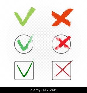 Prelevate il voto spesso e sottile vari segni di spunta segno il set di simboli modello. Segno di spunta verde pittogramma. Accettare d'accordo approvato correggere bene confermare o non wron Illustrazione Vettoriale