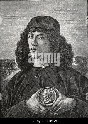 Ritratto di un uomo con una medaglia di Cosimo il Vecchio, 16 ° secolo. Dipinto di Sandro Botticelli. Copia di una incisione. Foto Stock