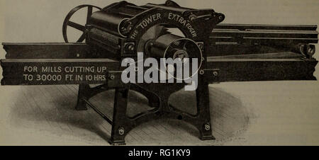 . Canadian Forest industries 1903. Macchinoso; le foreste e la silvicoltura; prodotti di foresta; polpa di legno Industria; legno industrie utilizzatrici. 10 IL CANADA LUMBERMAN Febbraio, 1903 SEGHERIA EDGER. Vi è probabilmente non segheria edger realizzato per giorno di cui è così ampiamente noto come "Torre" e"Torre" Extra edger, fabbricato da Gordon Cavo griglia Blast azienda,di Greenville, Michigan, e nessuno che richiedono poca energia; lo spostamento- machanism è fino a data, conveniente e positivo; i rulli di alimentazione sono ad- justable in quattro direzioni, essendo questa una caratteristica originale; seghe può essere Foto Stock