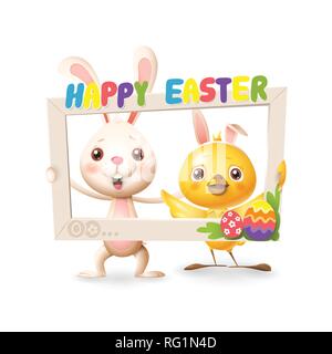 Animali di Pasqua - Happy simpatico coniglio e pollo celebrare la Pasqua con la rete sociale photo frame - isolato su sfondo bianco Illustrazione Vettoriale