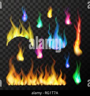 Set di bright magic fire fiamme in diversi colori su sfondo trasparente Illustrazione Vettoriale