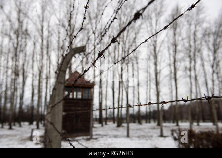 Oswiecim, Polonia. 27 gennaio, 2019. Filo spinato e una torre di avvistamento, registrati nell'ex campo di concentramento di Auschwitz-Birkenau. Gennaio 27 è Holocaust Memorial Day. Credito: Bernd Thissen/dpa/Alamy Live News Foto Stock