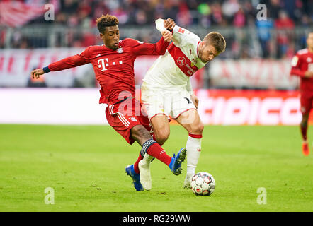 Muncih, Germania. Il 27 gennaio 2019. Kingsley COMAN, FCB 29 competere per la palla, affrontando, duello, testata, azione, lotta contro Alexander ESSWEIN VFB 14 FC Bayern Monaco - VFB Stuttgart - DFL REGOLAMENTI VIETANO QUALSIASI USO DI FOTOGRAFIE come sequenze di immagini e/o quasi-VIDEO - 1.della Lega calcio tedesca , Monaco di Baviera, 27 gennaio 2019 la stagione 2018/2019, giornata 20, FCB, München, © Peter Schatz / Alamy Live News Foto Stock