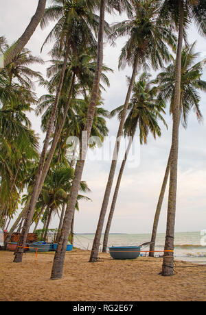 Tradizionale appuntamento barche di pescatori sulla spiaggia di Mui Ne nel centro sud Binh Thuan Provincia, Vietnam Foto Stock