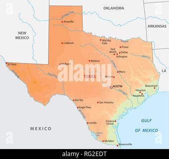 Semplice colorato dello Stato del texas fisico mappa vettoriale Illustrazione Vettoriale