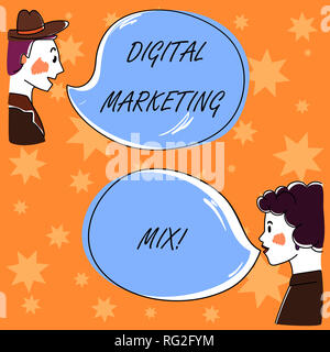 Testo della scrittura Digital Marketing mix. Concetto significato insieme di azioni per promuovere il marchio sul mercato disegnati a mano uomo e Wo analisi parlando photo wit Foto Stock