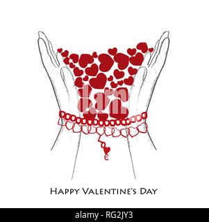 Mani incatenate. Cuori di mano. Tenere i cuori. Biglietto di auguri per buon San Valentino Illustrazione Vettoriale