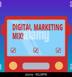 Testo della scrittura Digital Marketing mix. Concetto significato insieme di azioni per promuovere il marchio sul mercato tracciata vista frontale piana di Bus con colore bianco Wi Foto Stock