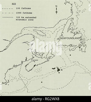 . Il campo Canadese-naturalista. Chiave -. 100 braccia - 1000 braccia â 320 km estesa zona economica TERRANOVA'^^ â ^.&gt;- ^..-... La figura 2. Posizioni dei record da entro il canadese di 320 km (200 mi) estesa zona economica. Top: costa del Pacifico; Fondo: costa atlantica. Vedere la tabella 1 per i dettagli di record. Si prega di notare che queste immagini vengono estratte dalla pagina sottoposta a scansione di immagini che possono essere state migliorate digitalmente per la leggibilità - Colorazione e aspetto di queste illustrazioni potrebbero non perfettamente assomigliano al lavoro originale. Ottawa Field-Naturalists' Club. Ottawa, Ottawa Field-Naturalists' Clu Foto Stock