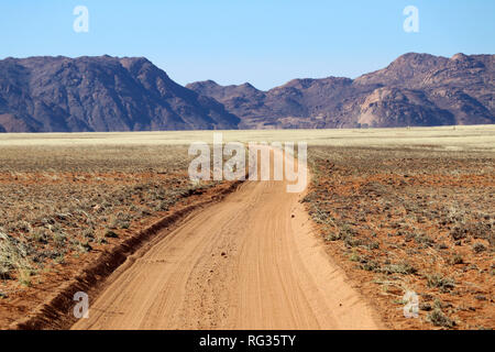 Infinite lungo la strada attraverso l'erba steppe con montagne - Namibia Africa Foto Stock