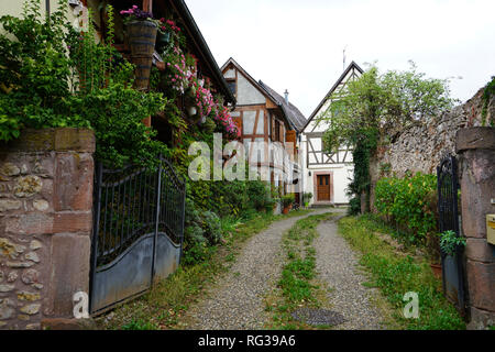 Strade di Berheim, Francia. Bergheim è un comune nel dipartimento dell'Alto Reno in Grand Est nella Francia nord-orientale Foto Stock