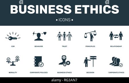 Business Ethics impostare raccolta di icone. Include elementi semplici come la RSI, comportamento, fiducia, principi e moralità icone premium. Illustrazione Vettoriale