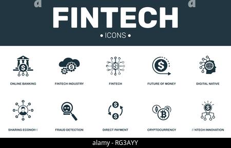 Set di Fintech raccolta di icone. Include elementi semplici come il futuro del denaro, Digital native, Cryptocurrency e il pagamento diretto delle icone premium. Illustrazione Vettoriale