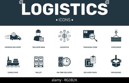 Set di logistica di raccolta di icone. Include elementi semplici come Express consegna, pallet, imballaggio, nave da carico e contenitore icone premium. Illustrazione Vettoriale