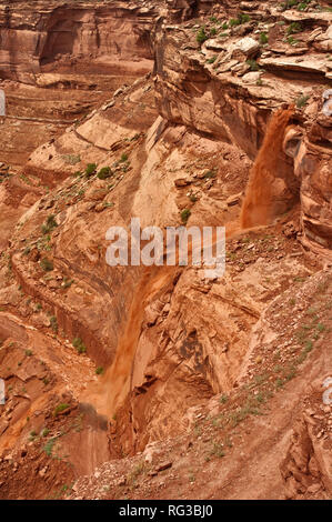 Improvvisa cascata creata da inondazione dopo la pioggia torrenziale, distruggendo la sezione al fondo minerale Road presso il Parco Nazionale di Canyonlands, Utah, Stati Uniti d'America Foto Stock