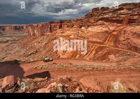 Improvvisa cascata creata da inondazione dopo la pioggia torrenziale, distruggendo la sezione al fondo minerale Road presso il Parco Nazionale di Canyonlands, Utah, Stati Uniti d'America Foto Stock