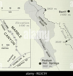 . Il campo Canadese-naturalista. 284 Il canadese Field-Naturalist Vol. 107 British Columbia Lake Louise 1530 m 3424 m ALBERTA Banff • 1400 m. La figura 1. Mappa della zona studio, mostrando Marble Canyon (inserto) e Kootenay National Park (area ombreggiata). La posizione 1 delle buche Trail (inserto) è approssimativo. (1983). Nomi comuni sono fornite secondo la Moss (1983) dove possibile; altrimenti, nomi comuni sono quelle elencate dall Alberta Energia/silvicoltura, terre naturali e della flora e fauna selvatiche (1992). Tali specie incontrate in Marble Canyon che si sospetta si verificano altrove principalmente ad altitudini alte (&GT;2000 m) abbiamo Foto Stock