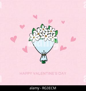 Creative illustrazione vettoriale carta di invito di San Valentino concetto. Carino bouquet di fiori, cuore rosa rosa su sfondo color pastello. Cartoon carino del disegno a mano Illustrazione Vettoriale