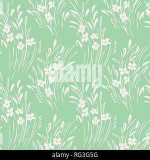 Femminile gestuali astratti ditsy floreale disegno vettoriale. Semplicistici di piccola scala disegnata a mano fioriture bianche fresche su sfondo verde. Fiori di minima, lea Illustrazione Vettoriale
