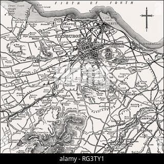 Mappa di Edimburgo e dintorni, Scozia, XIX secolo Foto Stock