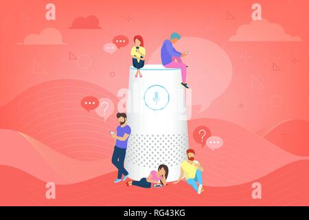 Smart speaker con un assistente virtuale illustrazione vettoriale di persone in piedi vicino al simbolo di altoparlante Illustrazione Vettoriale