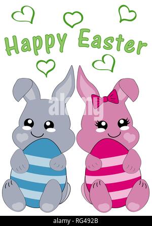 Kawaii Easter Card con cute bunny il coniglio e il testo felice Pasqua. File vettoriale EPS 10 Illustrazione Vettoriale