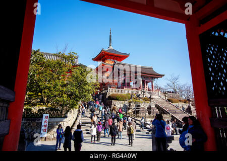 KYOTO, Giappone - MARZO 36, 2015: Turistico a Kiyomizu-dera tempio durante la fioritura dei ciliegi ora stanno andando a fiorire a Kyoto, Giappone Foto Stock