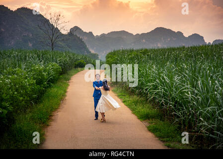 Coppia felice divertirsi in una canna da zucchero campo al tramonto Foto Stock