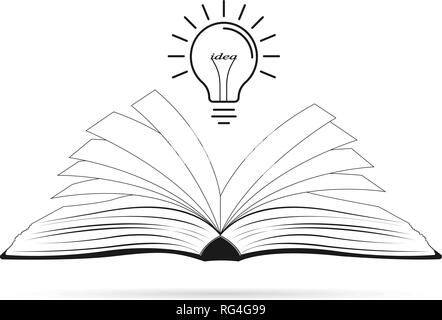 Brillante idea creativa. Lampadina della luce su aperto libro nero. Concetto di un'idea. Illustrazione vettoriale EPS10. Illustrazione Vettoriale