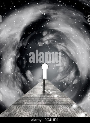 Pittura surreale. La figura di uomo a camminare sulla strada di pietra a toppa di chiave nello spazio. Foto Stock