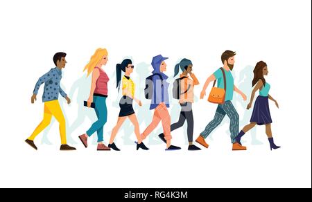 Un gruppo di diverse persone di carattere camminare insieme. Illustrazione Vettoriale. Illustrazione Vettoriale