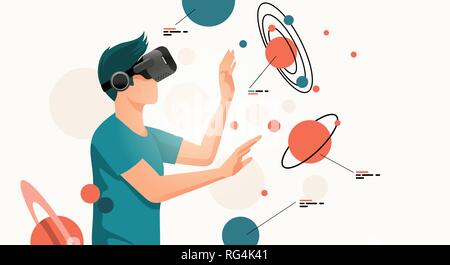 Un giovane uomo che si muove intorno a oggetti utilizzando una realtà virtuale VR auricolare. Persone illustrazione vettoriale. Illustrazione Vettoriale