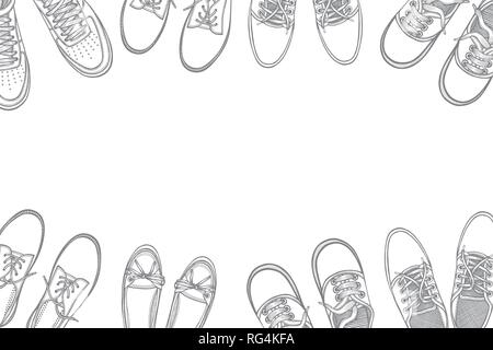 Sfondo di molte scarpe sportive allineate in un cerchio con lo spazio libero per il testo, disegnati a mano illustrazione vettoriale su uno sfondo bianco, in uno stile di disegno Illustrazione Vettoriale