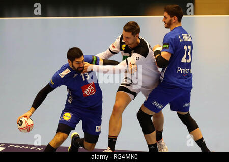 Herning, Danimarca. Il 27 gennaio 2019.Nikola Karabatic e Ludovic Fabregas (Francia) durante la IHF Uomini del Campionato del Mondo 2019, round finale pallamano match tra Germania e Francia il 27 gennaio 2019 in Jyske Bank Boxen di Herning, Danimarca - Photo Laurent Lairys / MAXPPP Credito: Laurent Lairys/Agence Locevaphotos/Alamy Live News Foto Stock