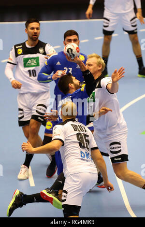 Herning, Danimarca. Il 27 gennaio 2019.Nikola Karabatic,Ludovic Fabregas (Francia) e Patrick Wiencek,Fabian Wiede,Paolo Drux (Germania) durante la IHF Uomini del Campionato del Mondo 2019, round finale pallamano match tra Germania e Francia il 27 gennaio 2019 in Jyske Bank Boxen di Herning, Danimarca - Photo Laurent Lairys / MAXPPP Credito: Laurent Lairys/Agence Locevaphotos/Alamy Live News Foto Stock