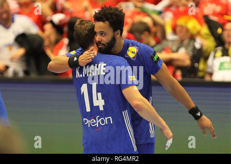 Herning, Danimarca. Il 27 gennaio 2019.Timothey N'Guessan e Kentin Mahé (Francia) durante la IHF Uomini del Campionato del Mondo 2019, round finale pallamano match tra Germania e Francia il 27 gennaio 2019 in Jyske Bank Boxen di Herning, Danimarca - Photo Laurent Lairys / MAXPPP Credito: Laurent Lairys/Agence Locevaphotos/Alamy Live News Foto Stock