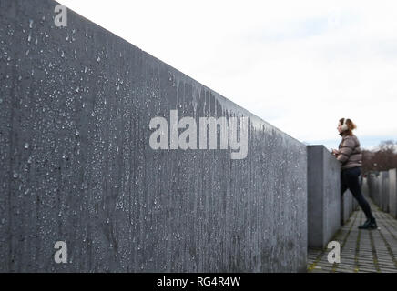 Berlino, Germania. 27 gennaio, 2019. Una donna si reca presso il monumento agli ebrei assassinati d'Europa a Berlino, capitale della Germania, a gennaio 27, 2019. Il memorial, situato nel centro di Berlino, è stata costruita per ricordare il fino a sei milioni di ebrei uccisi nella Germania nazista durante la Seconda Guerra Mondiale. Nel 2005, l'Assemblea generale delle Nazioni Unite ha adottato una risoluzione che ha designato gen. 27 come la Giornata Internazionale di commemorazione in memoria delle vittime dell'Olocausto, il giorno quando l'accampamento di morte di Auschwitz fu liberata nel 1945. Credito: Shan Yuqi/Xinhua/Alamy Live News Foto Stock