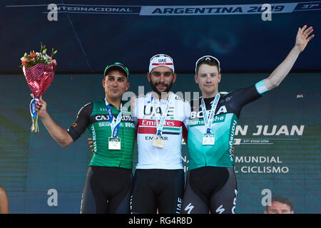 San Juan in Argentina. 27 gennaio, 2019. MENDOZA, Argentina - 27 gennaio: Fernando Gaviria è stato il vincitore della tappa 1, 159,1 km. Difunta Correa della trentasettesima Vuelta a San Juan 2019 su gennaio 27, 2019 a San Juan in Argentina. Credito: Alexis Lloret/Alamy Live News Foto Stock