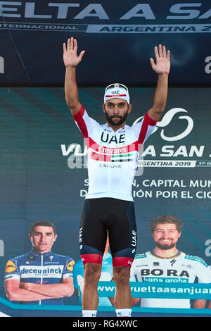 San Juan in Argentina. 27 gennaio, 2019. MENDOZA, Argentina - 27 gennaio: Fernando Gaviria è stato il vincitore della tappa 1, 159,1 km. Difunta Correa della trentasettesima Vuelta a San Juan 2019 su gennaio 27, 2019 a San Juan in Argentina. Credito: Alexis Lloret/Alamy Live News Foto Stock