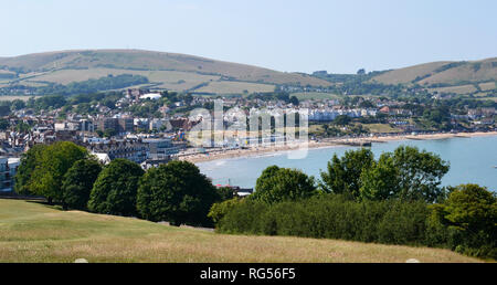 Visualizza fo Swanage spiaggia da: Peveril Point, Swanage, Isle of Purbeck, Dorset, England, Regno Unito Foto Stock