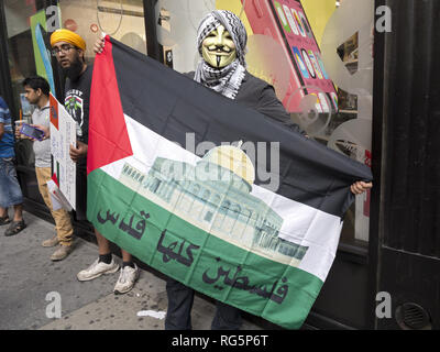 USA: New York, NY. Pro-Palestinian dimostrazione a Times Square protestando attacchi israeliani contro la striscia di Gaza, 25 luglio 2014. Foto Stock