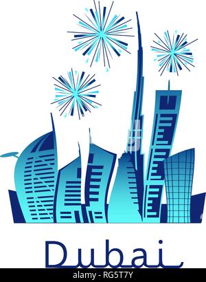 Dubai cityscape con grattacieli e i punti di riferimento e coloratissimi fuochi d'artificio nel cielo illustrazione vettoriale. Holiday celebrazione. Spettacolo Pirotecnico esplosioni Illustrazione Vettoriale