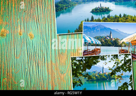 Lago di Bled, il più famoso lago della Slovenia con l'isola della chiesa (Europa - Slovenia) - Concetto Postards su legno colore sfondo - Immagine Foto Stock