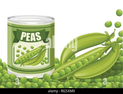 Piselli verdi in alluminio può con pod. Conserve Alimentari con piselli logo. Prodotto per il supermercato e negozio. Appartamento illustrazione vettoriale su sfondo bianco. Illustrazione Vettoriale