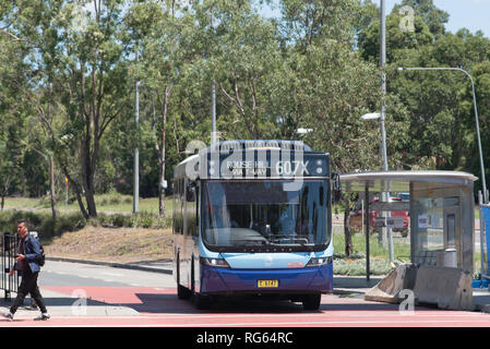 Un Nuovo Galles del Sud bus si fermava all'Riley T-modo fermata bus nel sobborgo di Sydney di Kellyville, NSW Australia Foto Stock