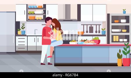 Giovane abbracciando e baciando al bancone cucina felice il giorno di San Valentino per celebrare concetto uomo donna in amore abbraccio moderno appartamento piana interna Illustrazione Vettoriale