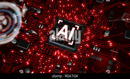 3D render ia intelligenza artificiale la tecnologia CPU central processor unit chipset della scheda a circuito stampato per elettronica e concetto di tecnologia Foto Stock