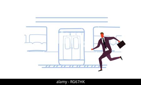 Imprenditore correre per prendere il treno alla metropolitana della città trasporti pubblici metropolitana tram schizzo doodle maschio personaggio dei cartoni animati per tutta la lunghezza orizzontale Illustrazione Vettoriale