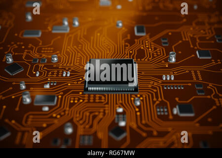 3D render CPU central processor unit chipset della scheda a circuito stampato per elettronica e concetto di tecnologia selezionare focus leggera profondità di campo Foto Stock