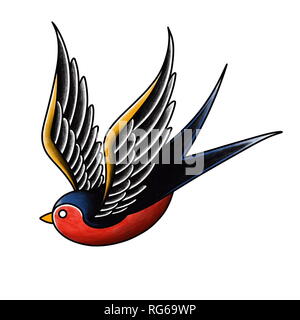 Disegnata a mano Swallow bird tattoo design su sfondo bianco, vecchia scuola tatuaggio tradizionale stile. Foto Stock